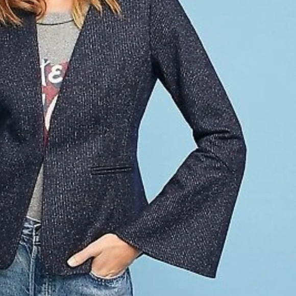 Anthropologie Cartonnier Wool Blend Bell Sleeve Navy Pinstripe Blazer - Picture 3 of 9